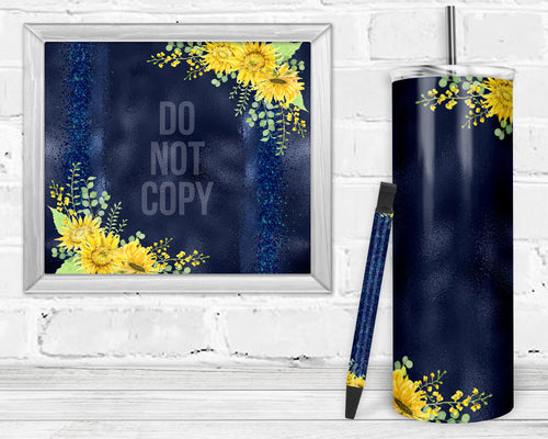 Blue Sunflower Glitter Epoxy Pen Wrap and Tumbler Combo