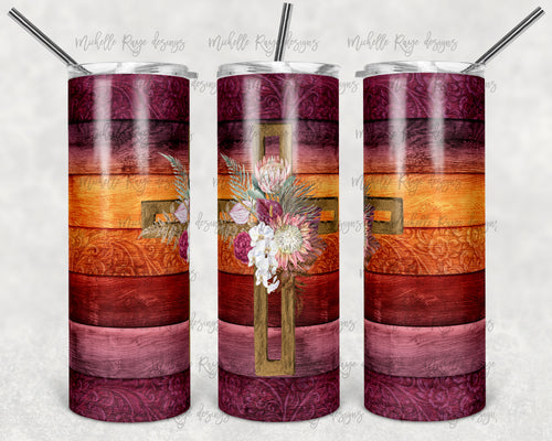 Burgundy Wood and Floral Cross