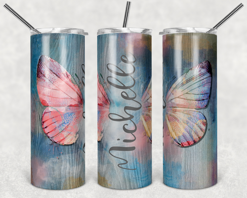 Blue and Pink Watercolor Butterfly with Blank Space for Name