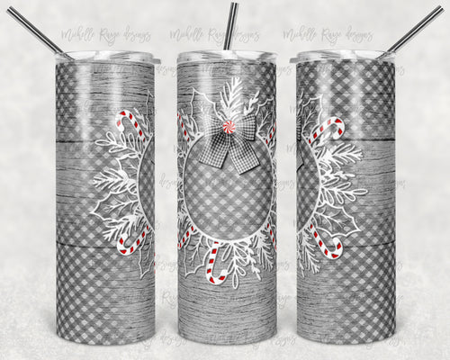 Christmas Doodle Candy Cane Bow Wreath on Gingham and Wood