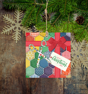 Wrapped Quilt with Bow and Scissors Christmas Ornament