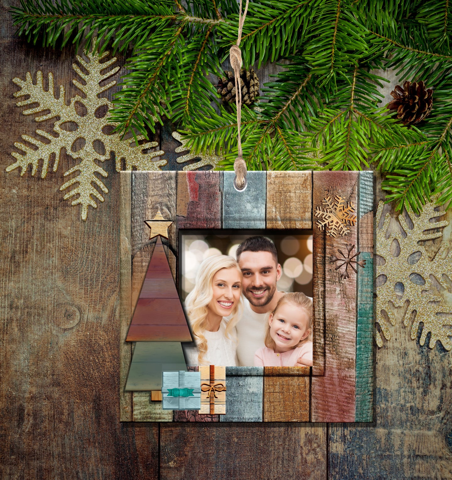Rustic Wooden Frame and Wooden Christmas Tree with Presents PNG Picture Frame Christmas Ornament