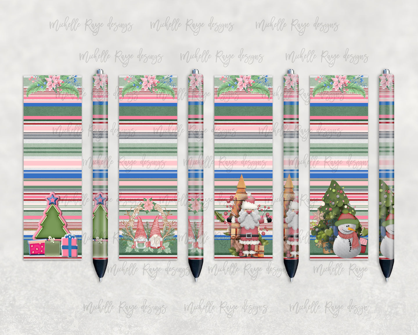 Pink and Green Christmas Striped Pen Set