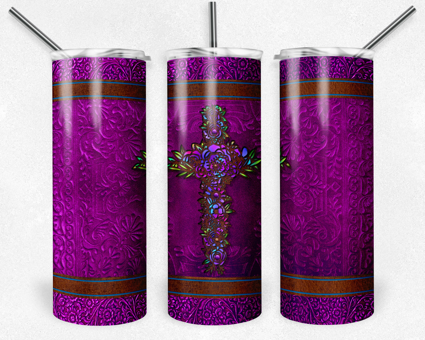 Tooled Leather Floral Cross Purple