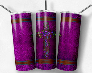 Tooled Leather Floral Cross Purple