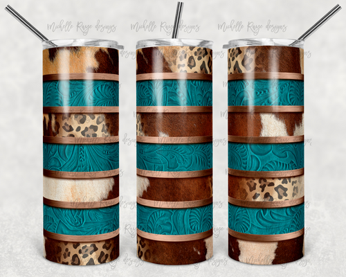 Cowhide and Leopard Print with Teal Tooled Leather Stripes