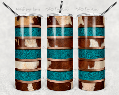 Cowhide and Teal Tooled Leather Stripes