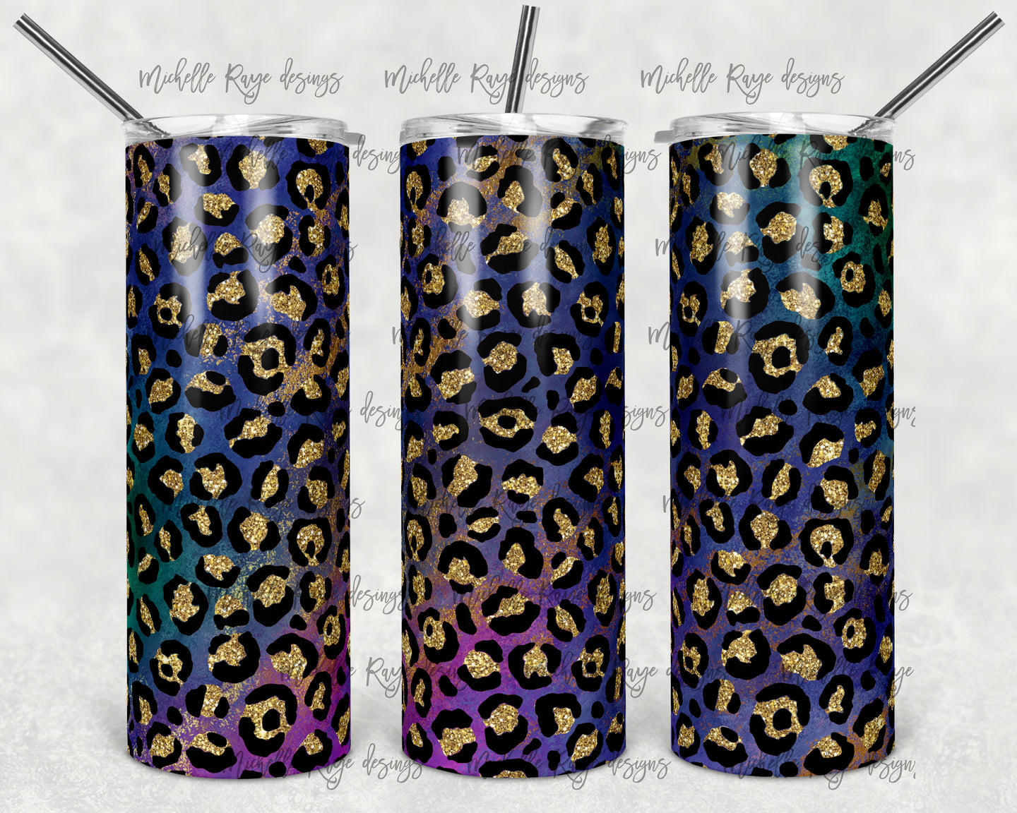 Dark Multicolored Metallic Foil and Gold Glitter Leopard Print