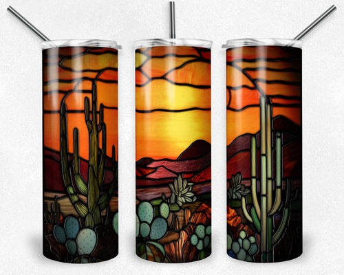 Desert Scene with Cactus Vivid Colors Stained Glass