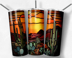 Desert Scene with Cactus Vivid Colors Stained Glass