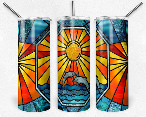 Stained Glass Dolphins Sunset