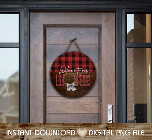 Welcome to Our Home Buffalo Plaid and Wood Grain 18" Round Door Hanger