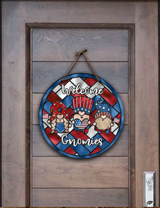 4th of July Stained Glass Gnomes 18" Round Door Hanger