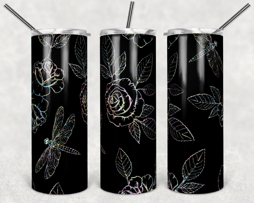 Black and Holographic Dragonfly and Flower Outlines