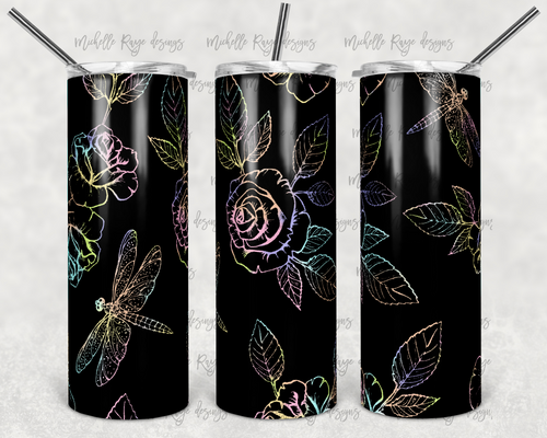 Black and Pastel Dragonfly and Flower Outlines