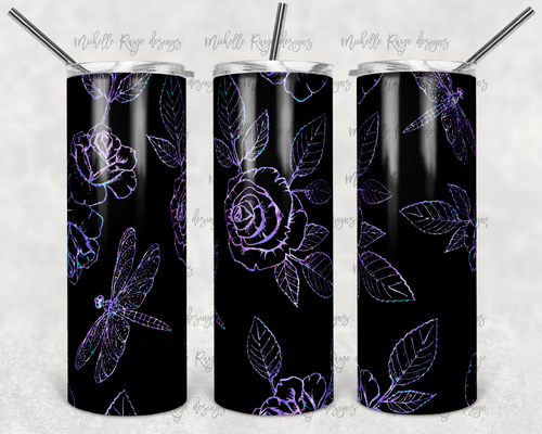 Black and Purple Dragonfly and Flower Outlines