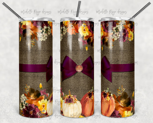 Fall Flowers and Pumpkins on Burlap and Maroon Bow