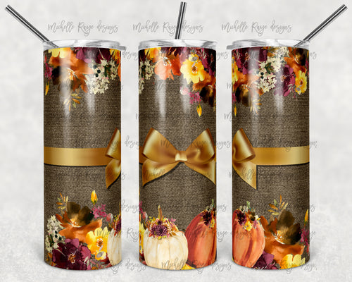 Fall Flowers and Pumpkins on Burlap and Gold Bow