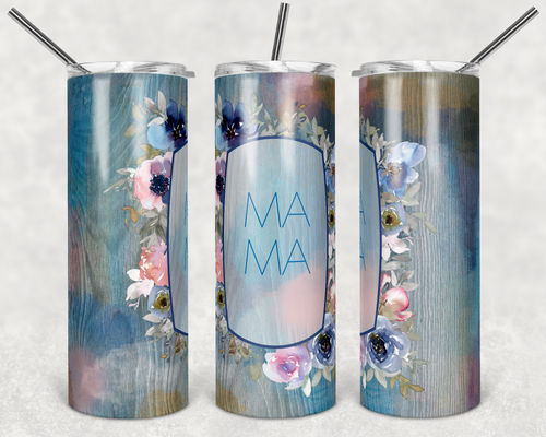 Blue and Pink Watercolor Floral Wood Mama