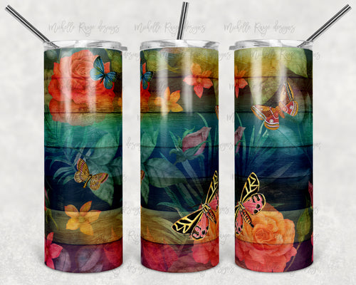 Bright Rainbow Floral Wood and Butterflies