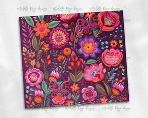 Embroidered Flowers in Pink and Purple Folk Art Design