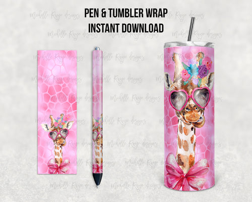 Pink Giraffe with Glasses Epoxy Pen Wrap and Tumbler Combo