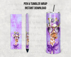 Purple Giraffe with Glasses Epoxy Pen Wrap and Tumbler Combo