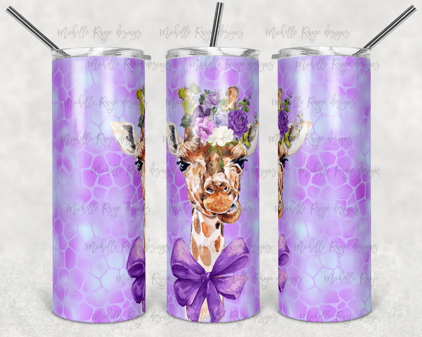 Purple Watercolor Giraffe with Bow and Flowers