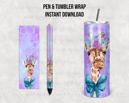 Purple Teal Giraffe Epoxy Pen Wrap and Tumbler Combo