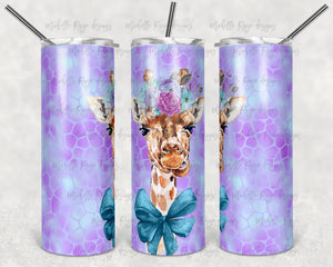 Purple Watercolor Giraffe with Teal Bow and Flowers