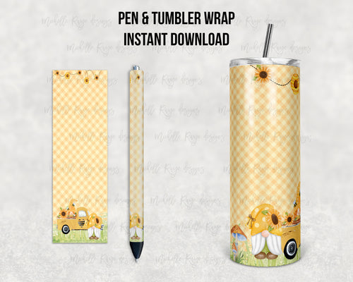 Sunflower and Bees Gnomes Epoxy Pen Wrap and Tumbler Combo