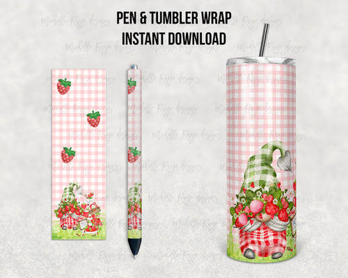 Pink Strawberry Gnomes Epoxy Pen Wraps and Tumbler Combo