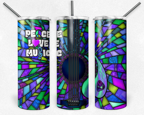 Purple and Teal Guitar Stained Glass, Peace Love Music