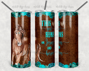 Rustic Watercolor Wild Horses and Jesus with Teal and Brown Tooled Leather