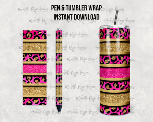 Hot Pink Leopard Stripes Epoxy Pen Wrap and Tumbler Combo