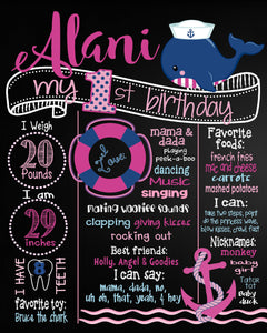 Nautical birthday sign, Whale chalkboard, girls wale hot pink blue, First Birthday, Chalk Poster Board Sign Printable Size 16x20 photo prop