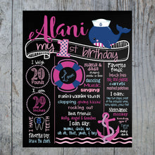 Load image into Gallery viewer, Nautical birthday sign, Whale chalkboard, girls wale hot pink blue, First Birthday, Chalk Poster Board Sign Printable Size 16x20 photo prop