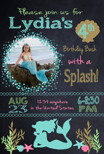 Custom Mermaid Birthday Party Invitation Printable digital Purple Pink Teal,  matching birthday chalkboard