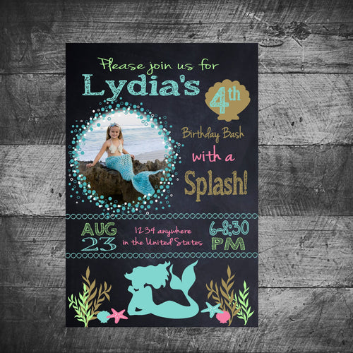 Custom Mermaid Birthday Party Invitation Printable digital Purple Pink Teal,  matching birthday chalkboard