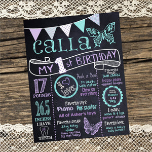 First Birthday Butterfly Chalkboard, Butterfly board, Butterfly Chalk sign,  First Birthday, Butterfly, Sign Printable Size 16x20 photo prop