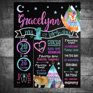 First birthday Chalkboard WOODLAND CREATURES Birthday Board, Camping Girl, pink Forest , printable digital 16 x 20 photo prop chalkboard