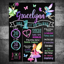 Load image into Gallery viewer, First birthday Chalkboard fairy garden, Faries Birthday Board, teal, pink FAIRY poster, printable digital 16 x 20 photo prop chalkboard