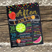 Load image into Gallery viewer, FIRST BIRTHDAY CHALKBOARD, Tutti Frutti, Two-ti Fruity, Fruit, Twotii Watermelon, 16 x 20 printable digital  prop, First Birthday Sign