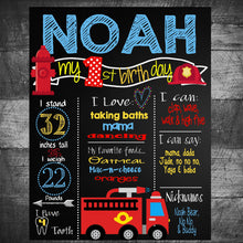 Load image into Gallery viewer, Fireman First Birthday Chalkboard, FIrefighter chalk board, Fire StationSign, First birthday Stats poster, Fire Marshal Digital Photo prop