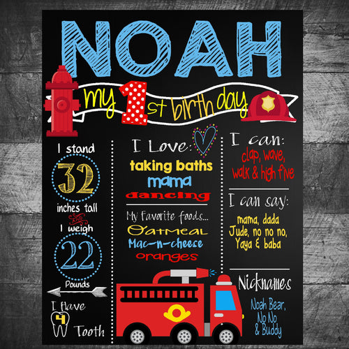 Fireman First Birthday Chalkboard, FIrefighter chalk board, Fire StationSign, First birthday Stats poster, Fire Marshal Digital Photo prop