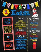 Load image into Gallery viewer, Fireman First Birthday Chalkboard, FIrefighter chalk board, Fire StationSign, First birthday Stats poster, Fire Marshal Digital Photo prop