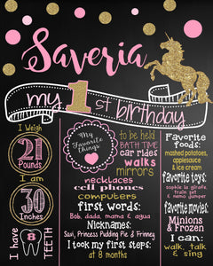 Unicorn First Birthday Chalkboard, Pink and Gold Glitter Poster | Girl 1st Birthday Board | Chalk board | Girl |  Polka Dots, Personalized