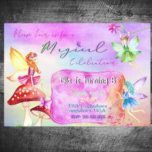 Load image into Gallery viewer, Fairy garden birthday Invitation Printable digital Purple Teal, pink, fairies, invite, shower, Fairy birthday party, birthday invites