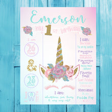 Load image into Gallery viewer, Unicorn birthday sign, pink and gold first birthday chalkboard printable, birthday stats poster download, 1st birthday chalkboard sign, cake