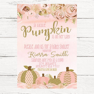 Pumpkin Invitation Pink Gold ,  Baby Shower invite, Printable digital , glitter, invite, shower, Fall Baby Shower invitation, Pumpkins